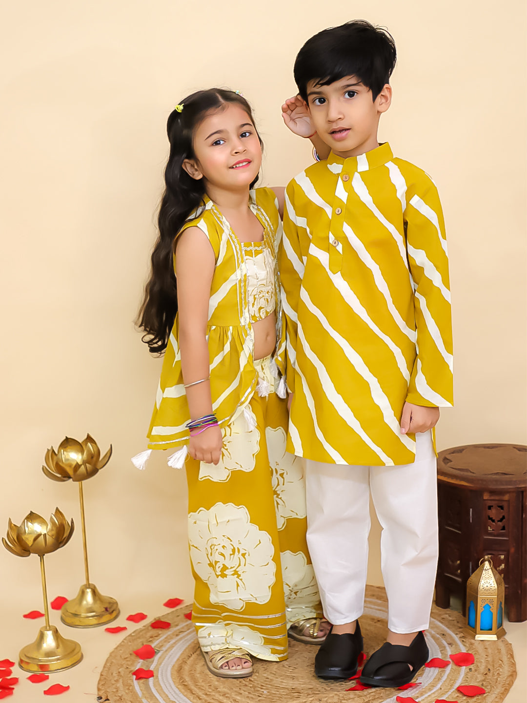 Boys Mustard Cotton Full sleeves Leheriya Print Kurta Pyjama Set and Mustard Cotton Sleeveless Floral Printed Girls Co-Ords with Gotta Work - Sibling Set - AJ Dezines
