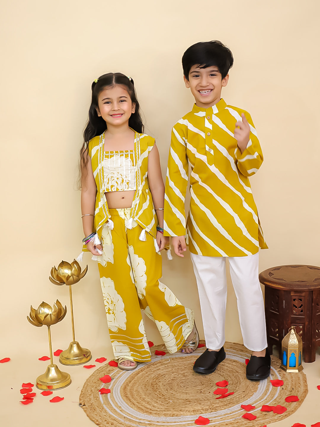Boys Mustard Cotton Full sleeves Leheriya Print Kurta Pyjama Set and Mustard Cotton Sleeveless Floral Printed Girls Co-Ords with Gotta Work - Sibling Set - AJ Dezines