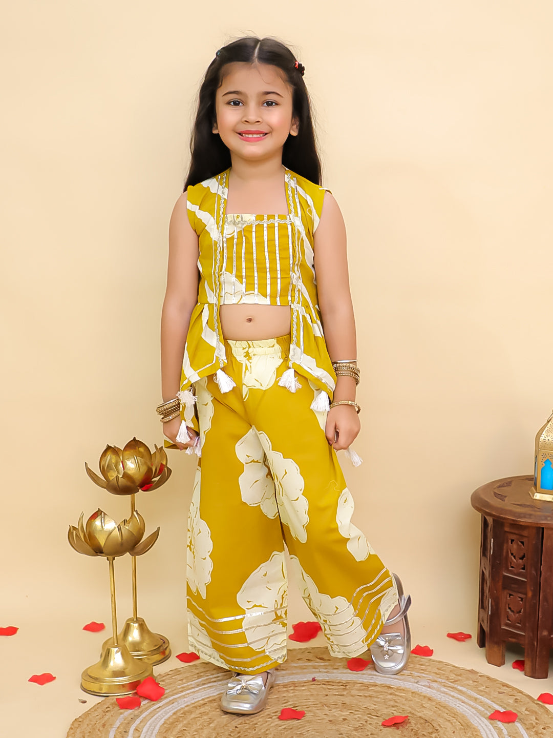 Boys Mustard Cotton Full sleeves Leheriya Print Kurta Pyjama Set and Mustard Cotton Sleeveless Floral Printed Girls Co-Ords with Gotta Work - Sibling Set - AJ Dezines
