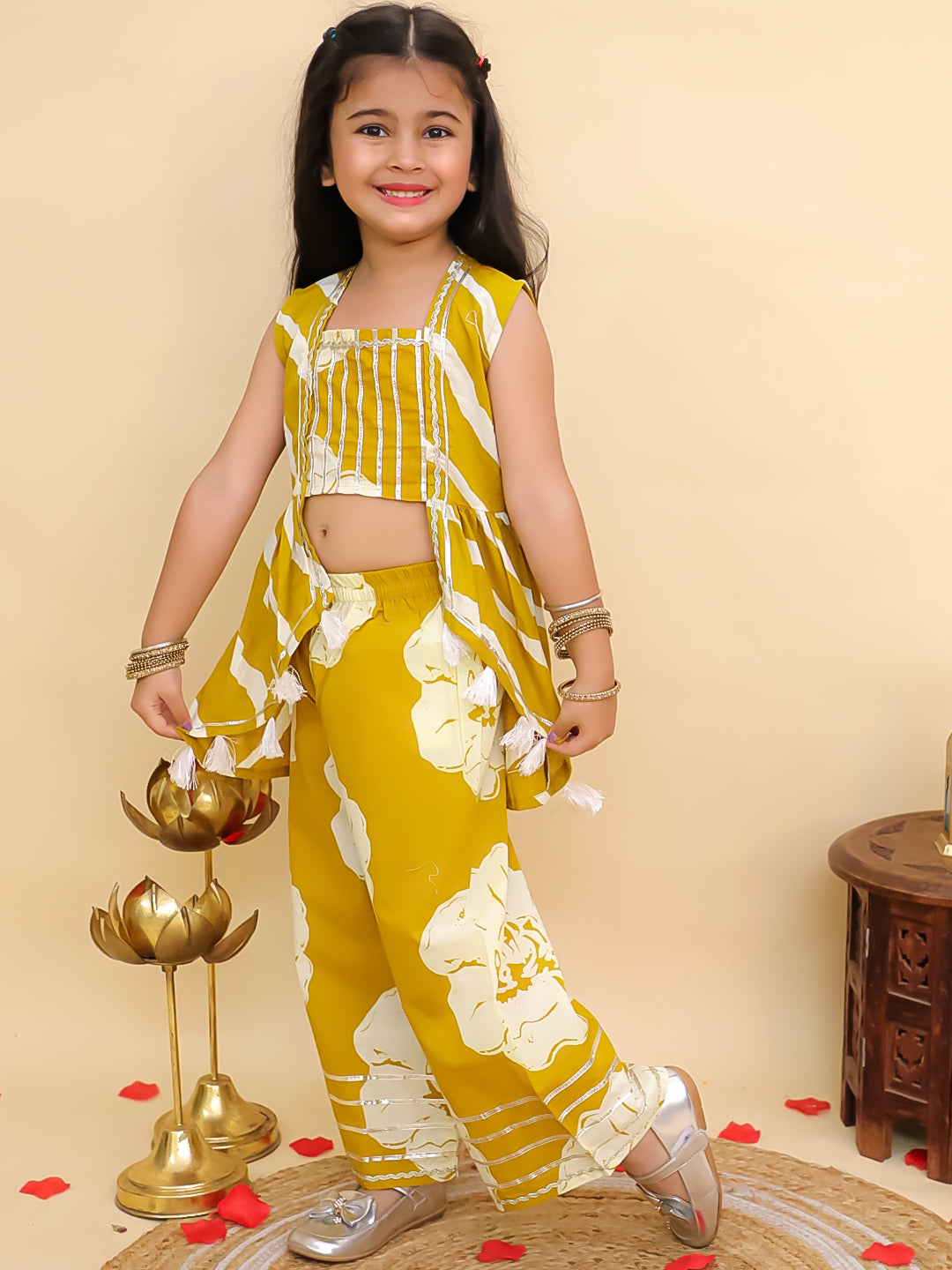 Boys Mustard Cotton Full sleeves Leheriya Print Kurta Pyjama Set and Mustard Cotton Sleeveless Floral Printed Girls Co-Ords with Gotta Work - Sibling Set - AJ Dezines