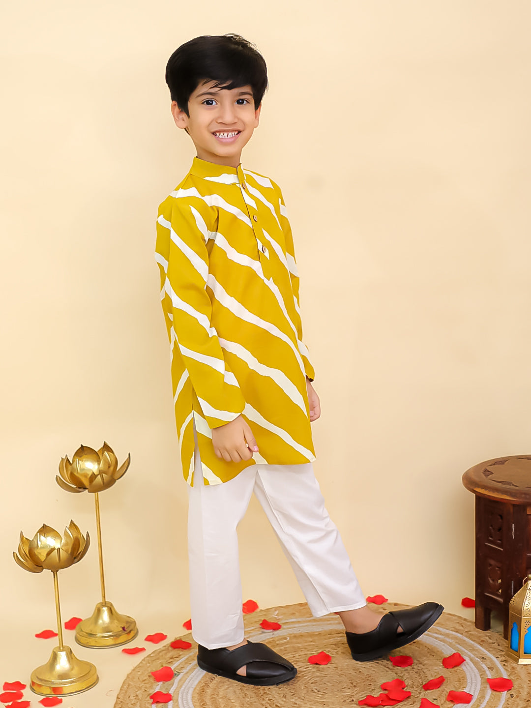 Boys Mustard Cotton Full sleeves Leheriya Print Kurta Pyjama Set and Mustard Cotton Sleeveless Floral Printed Girls Co-Ords with Gotta Work - Sibling Set - AJ Dezines
