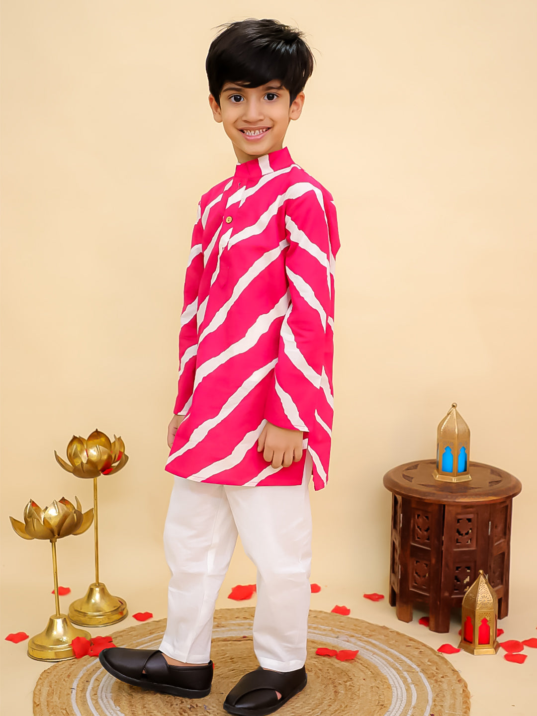 Pink Cotton Full sleeves Leheriya Print Kurta Pyjama Set - AJ Dezines