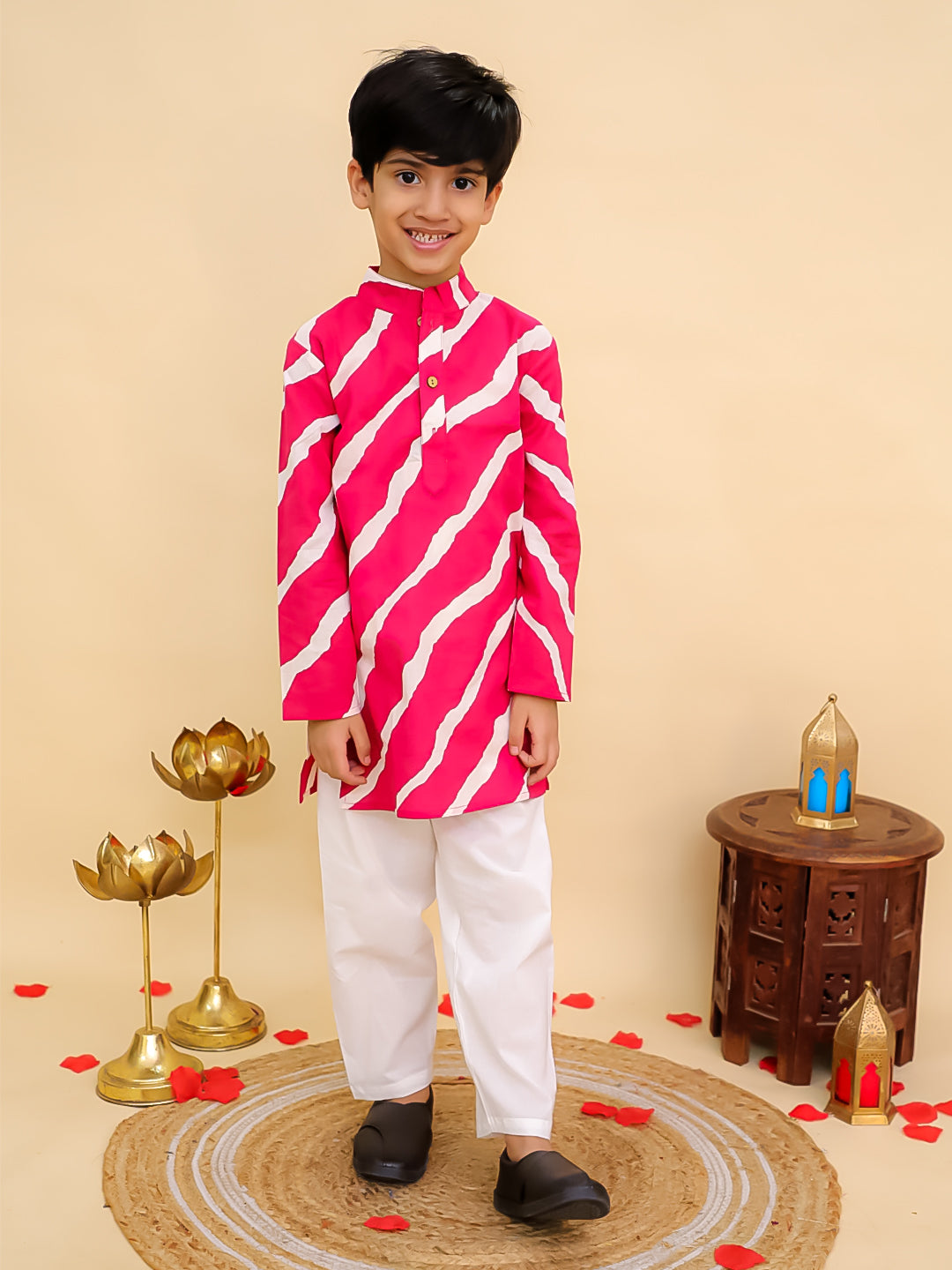 Boys Pink Cotton Full sleeves Leheriya Print Kurta Pyjama Set and Pink Cotton Sleeveless Floral Printed Girls Co-Ords with Gotta Work - Sibling Set - AJ Dezines