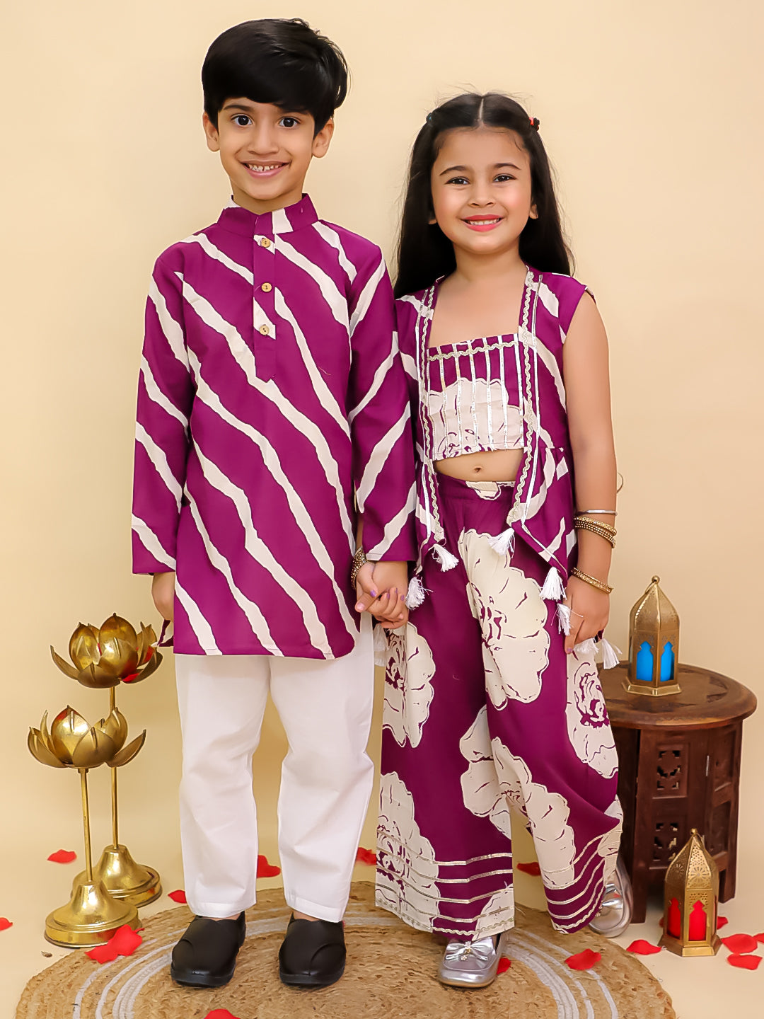 Boys Purple Cotton Full sleeves Leheriya Print Kurta Pyjama Set and Purple Cotton Sleeveless Floral Printed Girls Co-Ords with Gotta Work - Sibling Set - AJ Dezines