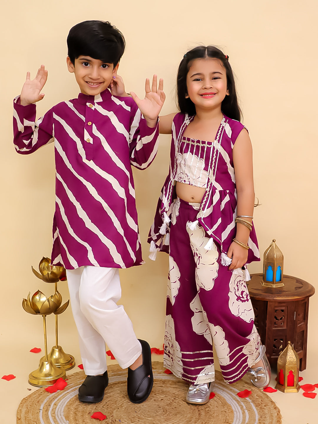 Boys Purple Cotton Full sleeves Leheriya Print Kurta Pyjama Set and Purple Cotton Sleeveless Floral Printed Girls Co-Ords with Gotta Work - Sibling Set - AJ Dezines