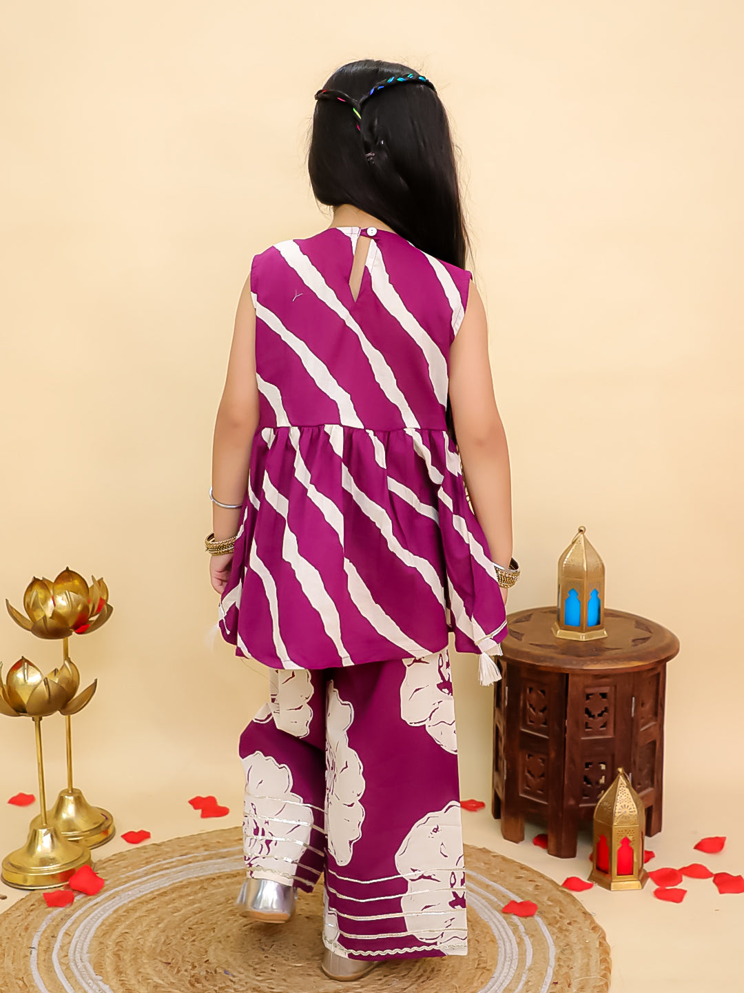Boys Purple Cotton Full sleeves Leheriya Print Kurta Pyjama Set and Purple Cotton Sleeveless Floral Printed Girls Co-Ords with Gotta Work - Sibling Set - AJ Dezines