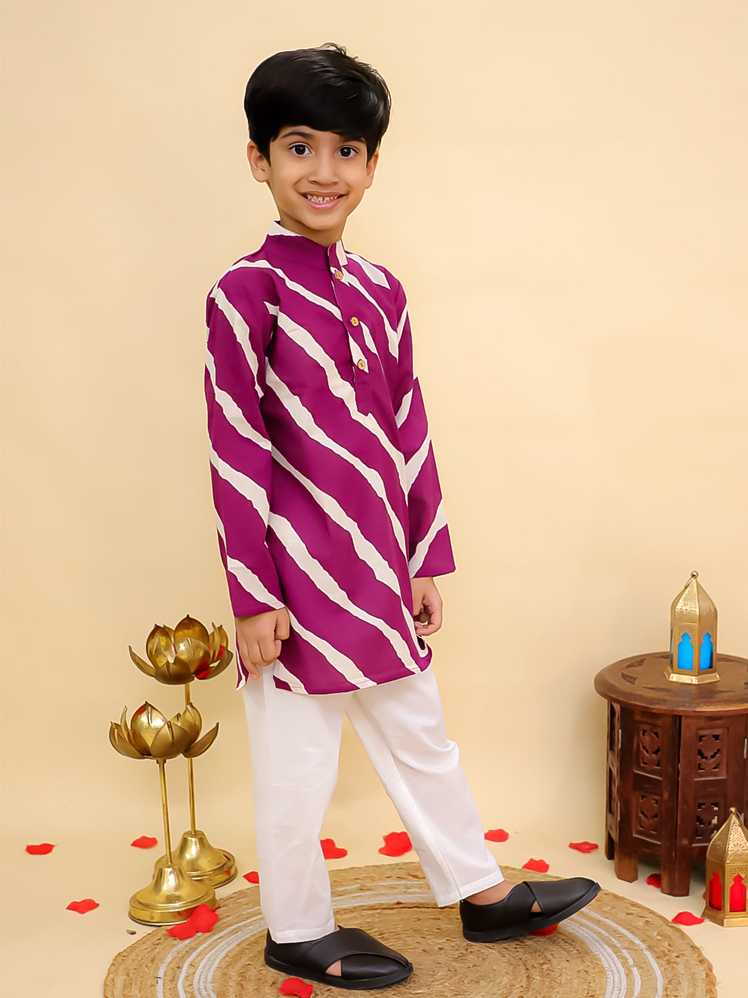 Boys Purple Cotton Full sleeves Leheriya Print Kurta Pyjama Set and Purple Cotton Sleeveless Floral Printed Girls Co-Ords with Gotta Work - Sibling Set - AJ Dezines