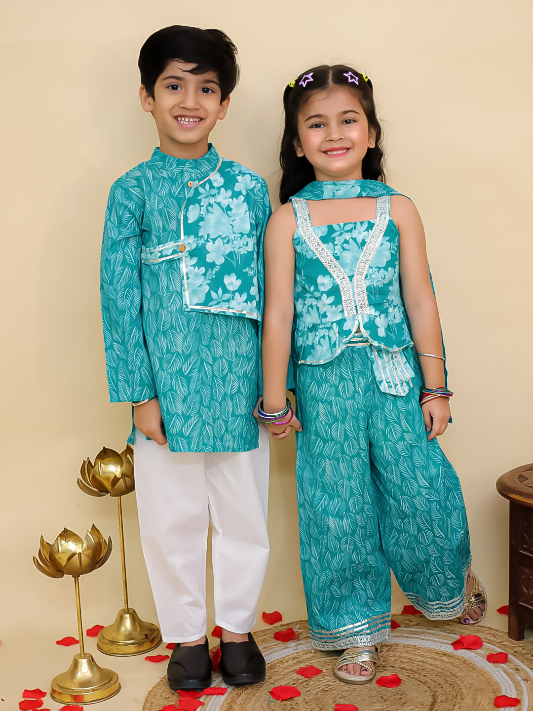 Boys Blue Cotton Full sleeves Floral Print Kurta Pyjama Set and Blue Cotton Sleeveless Floral Printed Girls Co-Ords - Sibling Set - AJ Dezines