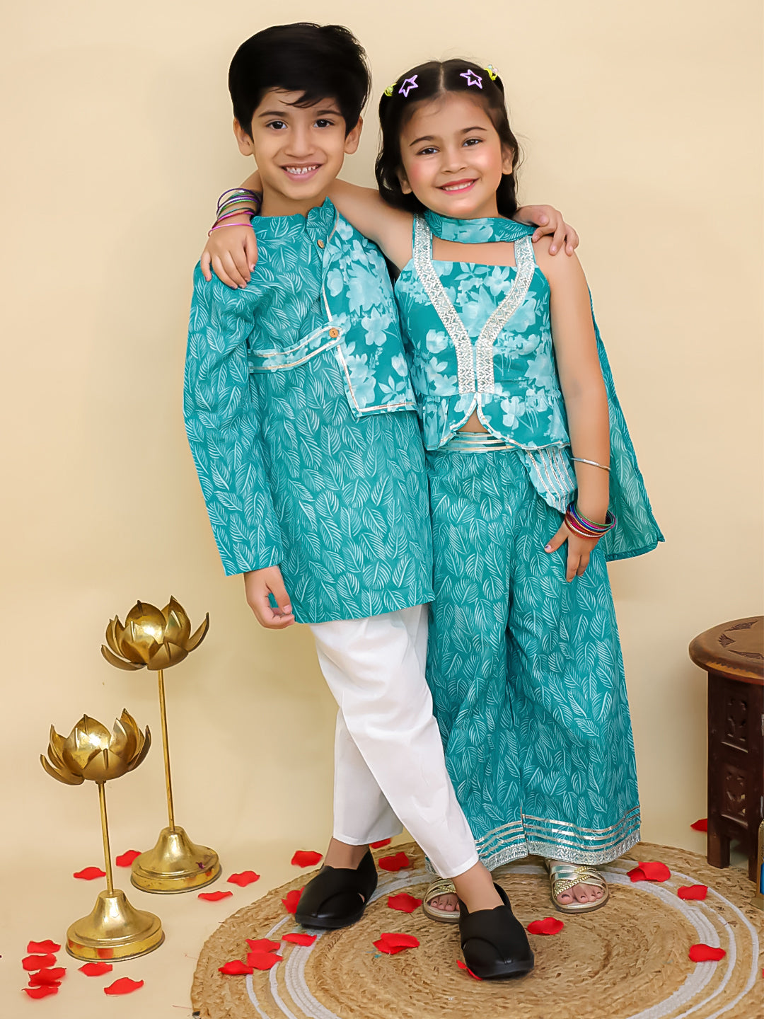 Boys Blue Cotton Full sleeves Floral Print Kurta Pyjama Set and Blue Cotton Sleeveless Floral Printed Girls Co-Ords - Sibling Set - AJ Dezines