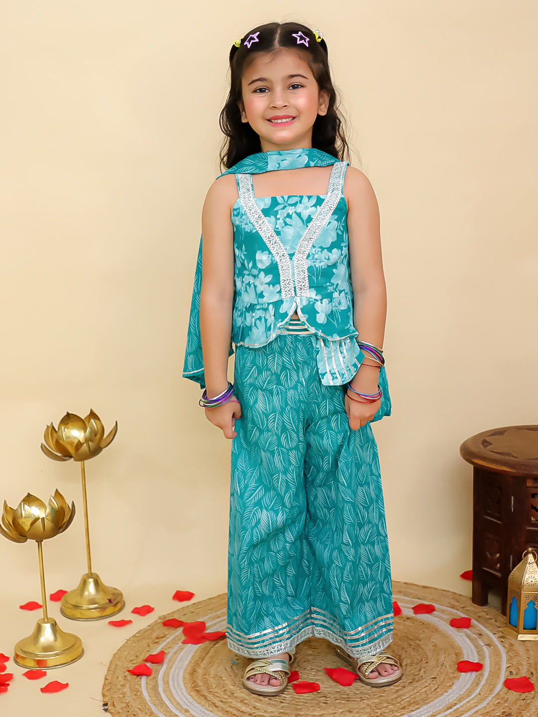 Boys Blue Cotton Full sleeves Floral Print Kurta Pyjama Set and Blue Cotton Sleeveless Floral Printed Girls Co-Ords - Sibling Set - AJ Dezines