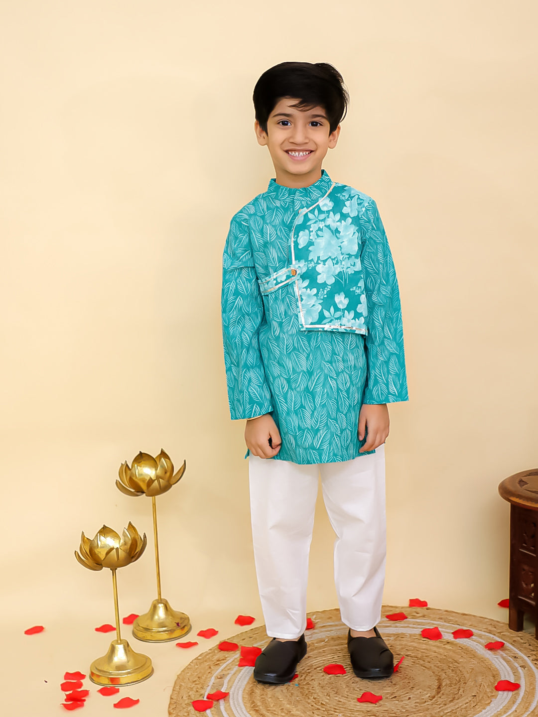 Boys Blue Cotton Full sleeves Floral Print Kurta Pyjama Set and Blue Cotton Sleeveless Floral Printed Girls Co-Ords - Sibling Set - AJ Dezines