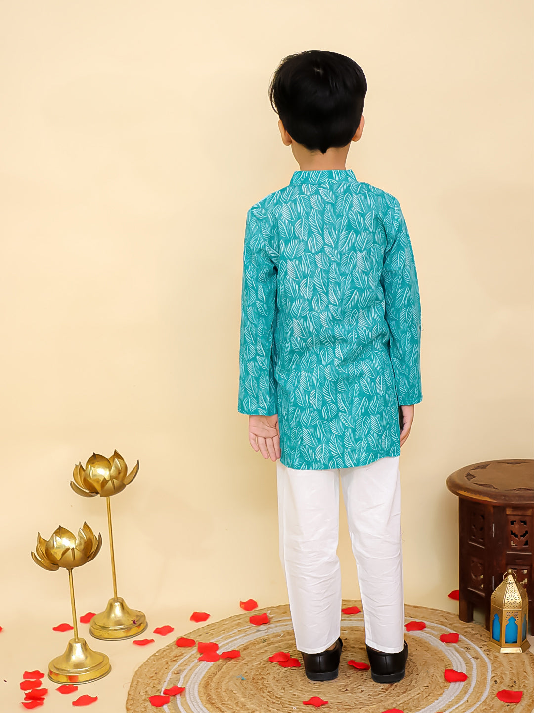 Boys Blue Cotton Full sleeves Floral Print Kurta Pyjama Set and Blue Cotton Sleeveless Floral Printed Girls Co-Ords - Sibling Set - AJ Dezines