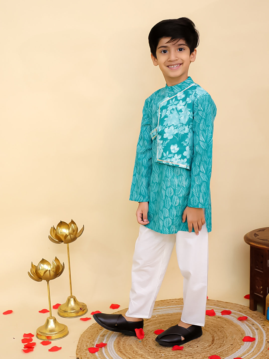 Boys Blue Cotton Full sleeves Floral Print Kurta Pyjama Set and Blue Cotton Sleeveless Floral Printed Girls Co-Ords - Sibling Set - AJ Dezines