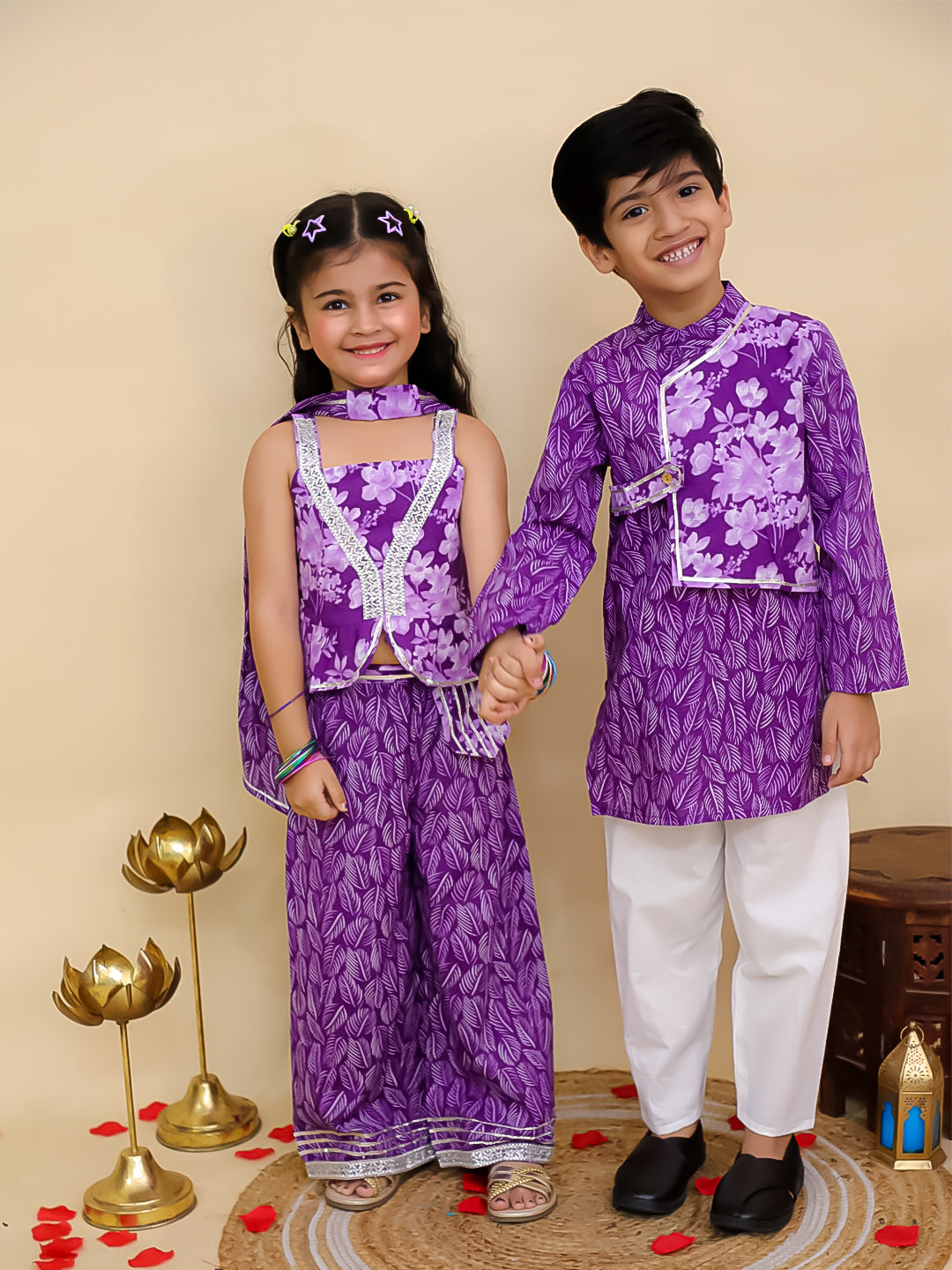 Boys Purple Cotton Full sleeves Floral Print Kurta Pyjama Set and Purple Cotton Sleeveless Floral Printed Girls Co-Ords - Sibling Set - AJ Dezines