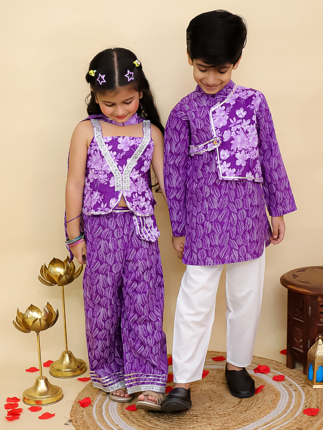 Boys Purple Cotton Full sleeves Floral Print Kurta Pyjama Set and Purple Cotton Sleeveless Floral Printed Girls Co-Ords - Sibling Set - AJ Dezines
