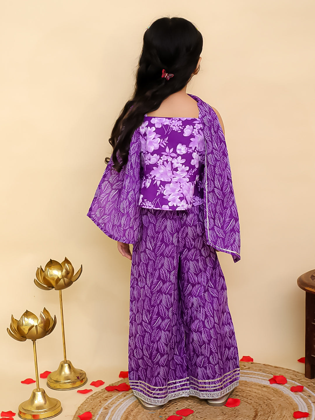 Boys Purple Cotton Full sleeves Floral Print Kurta Pyjama Set and Purple Cotton Sleeveless Floral Printed Girls Co-Ords - Sibling Set - AJ Dezines