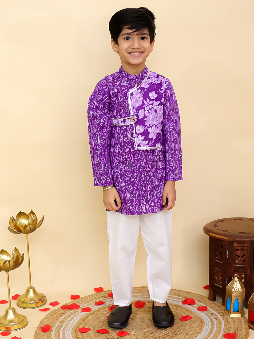 Boys Purple Cotton Full sleeves Floral Print Kurta Pyjama Set and Purple Cotton Sleeveless Floral Printed Girls Co-Ords - Sibling Set - AJ Dezines