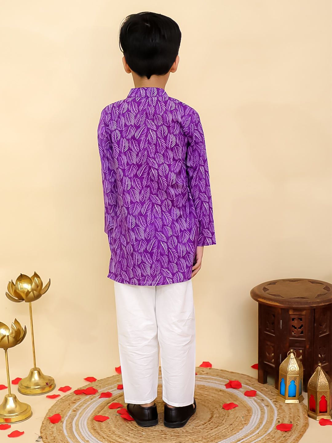 Boys Purple Cotton Full sleeves Floral Print Kurta Pyjama Set and Purple Cotton Sleeveless Floral Printed Girls Co-Ords - Sibling Set - AJ Dezines