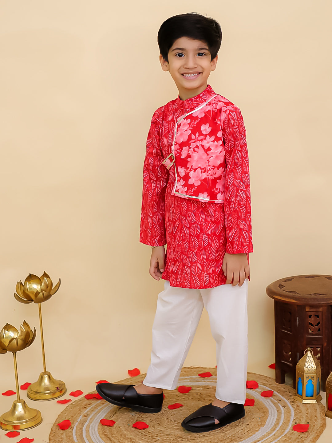 Red Cotton Full sleeves Floral Print Kurta Pyjama Set - AJ Dezines