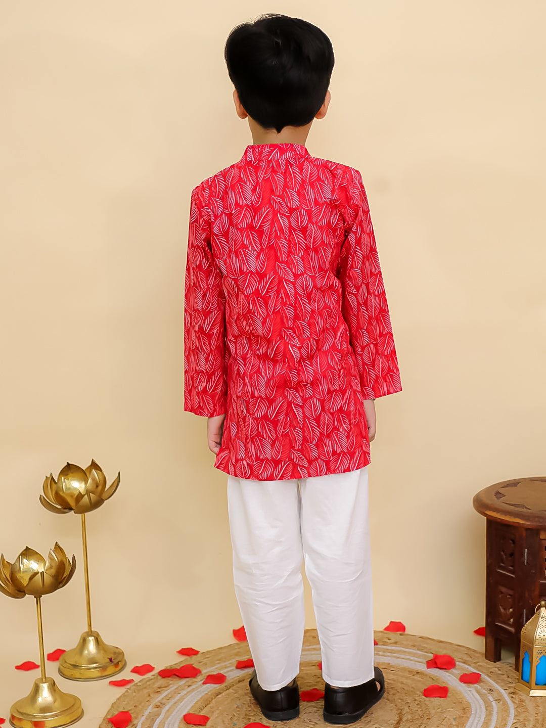 Red Cotton Full sleeves Floral Print Kurta Pyjama Set - AJ Dezines