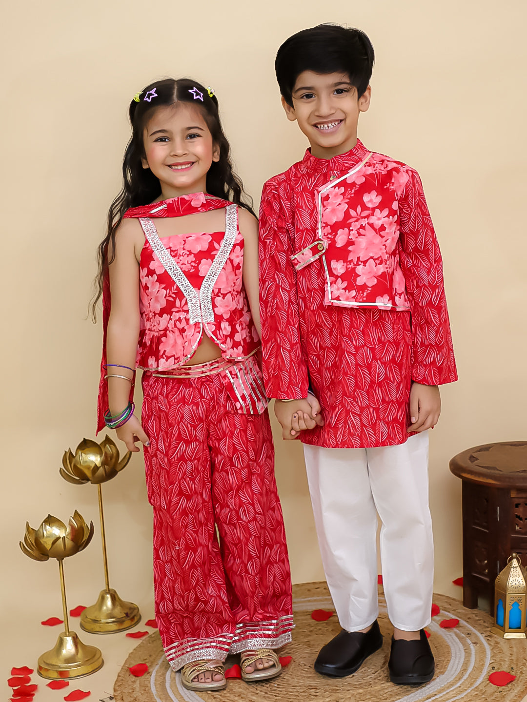 Boys Red Cotton Full sleeves Floral Print Kurta Pyjama Set and Red Cotton Sleeveless Floral Printed Girls Co-Ords - Sibling Set - AJ Dezines