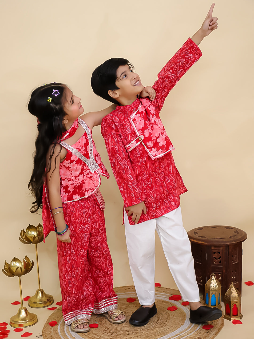 Boys Red Cotton Full sleeves Floral Print Kurta Pyjama Set and Red Cotton Sleeveless Floral Printed Girls Co-Ords - Sibling Set - AJ Dezines