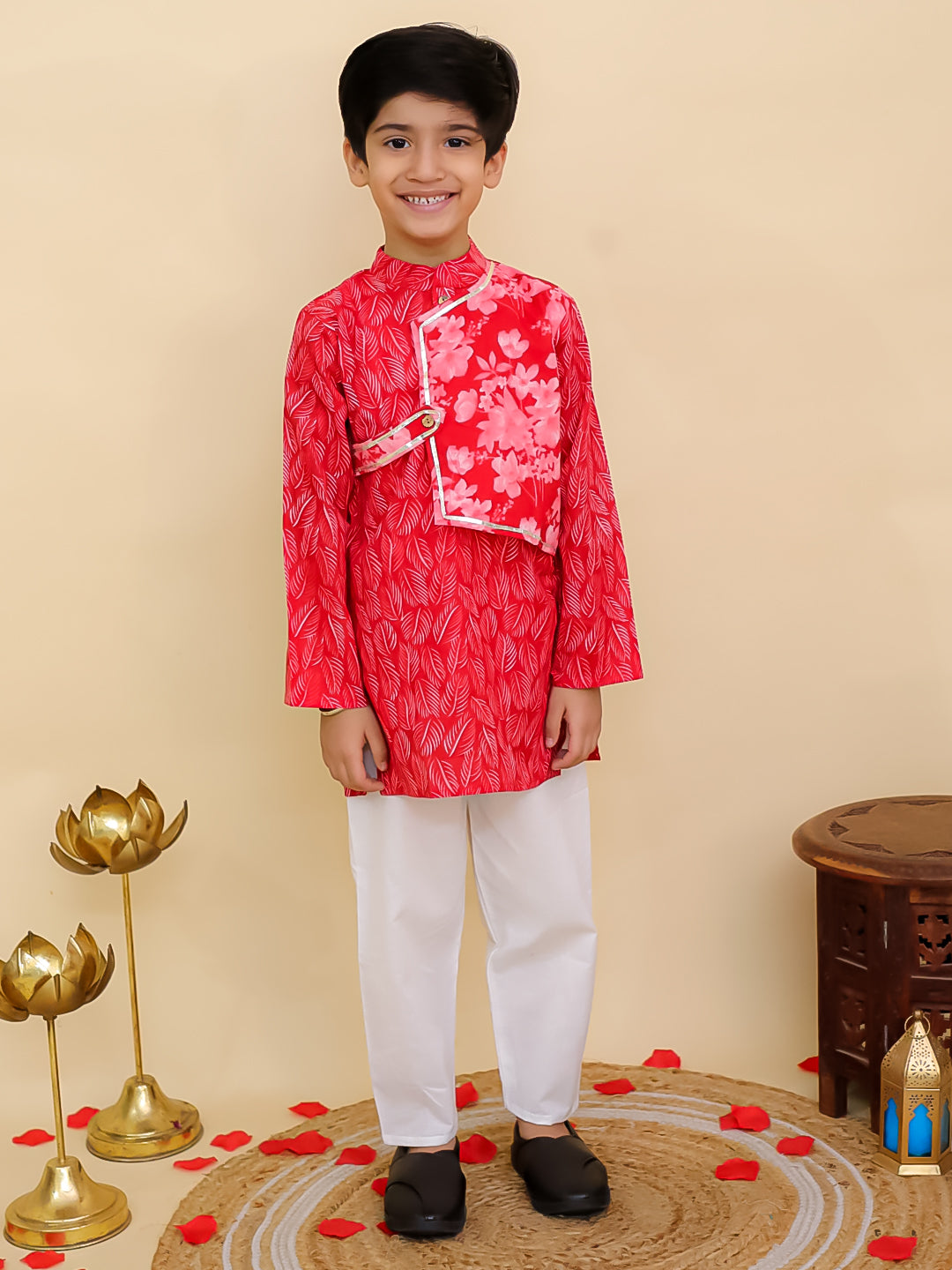 Boys Red Cotton Full sleeves Floral Print Kurta Pyjama Set and Red Cotton Sleeveless Floral Printed Girls Co-Ords - Sibling Set - AJ Dezines