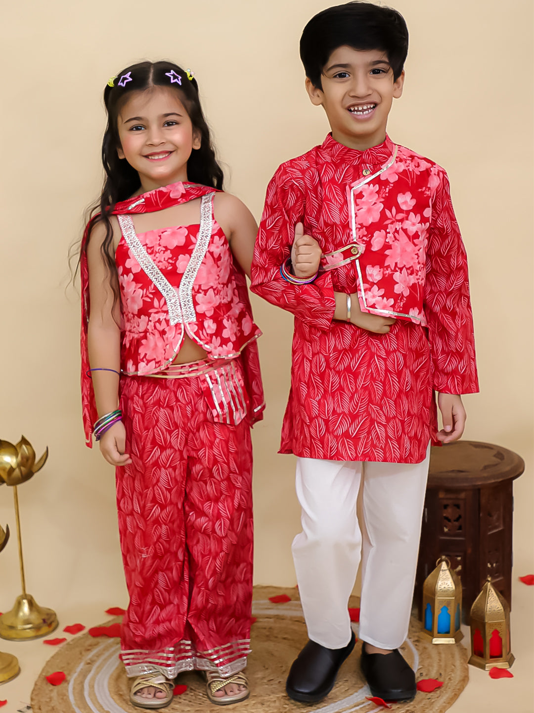 Boys Red Cotton Full sleeves Floral Print Kurta Pyjama Set and Red Cotton Sleeveless Floral Printed Girls Co-Ords - Sibling Set - AJ Dezines