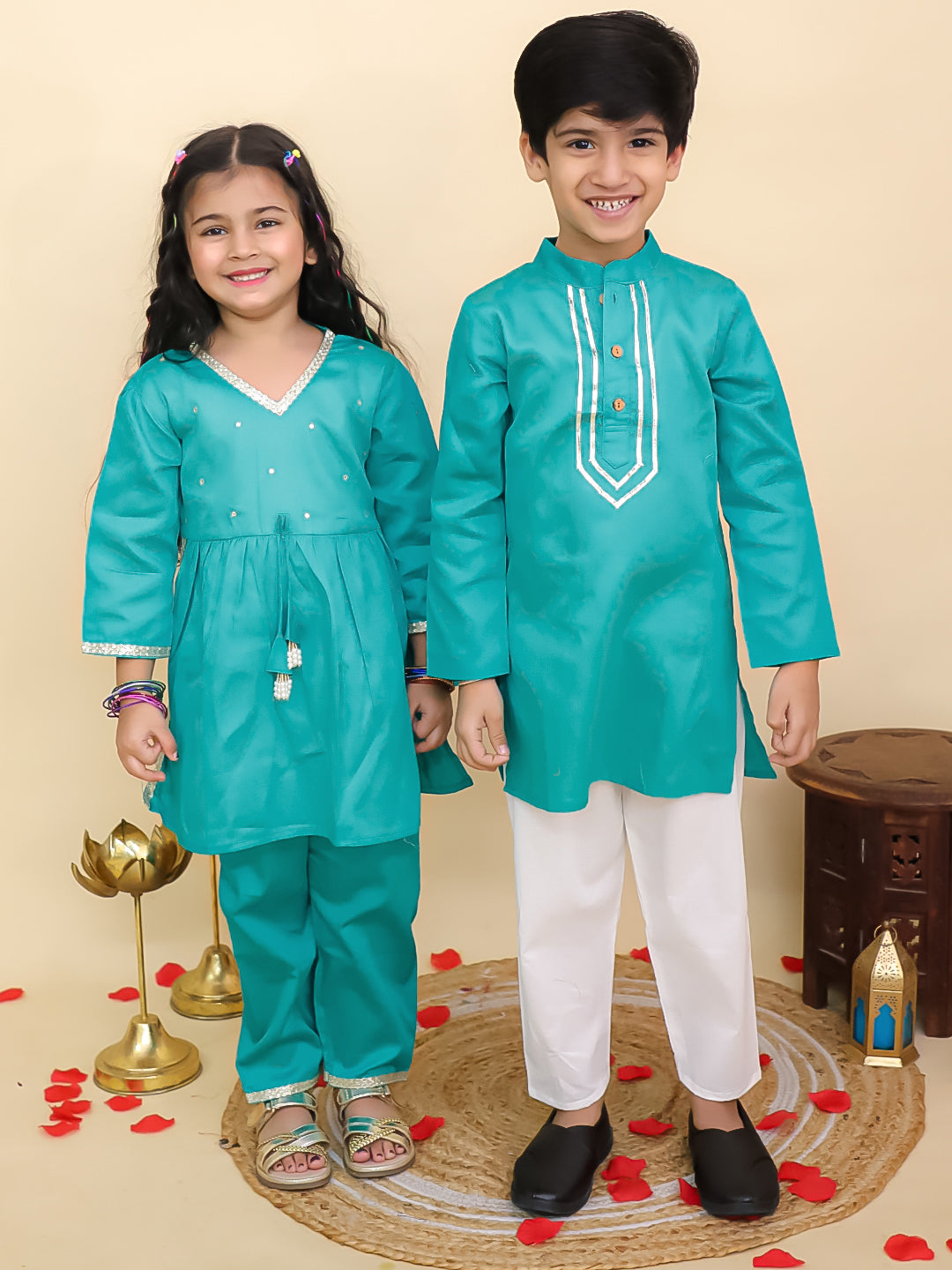 Boys Blue Cotton Full sleeves Solid Kurta Pyjama Set and Blue Cotton 3/4th Sleeves Solid Girls Suit Set - Sibling Set - AJ Dezines
