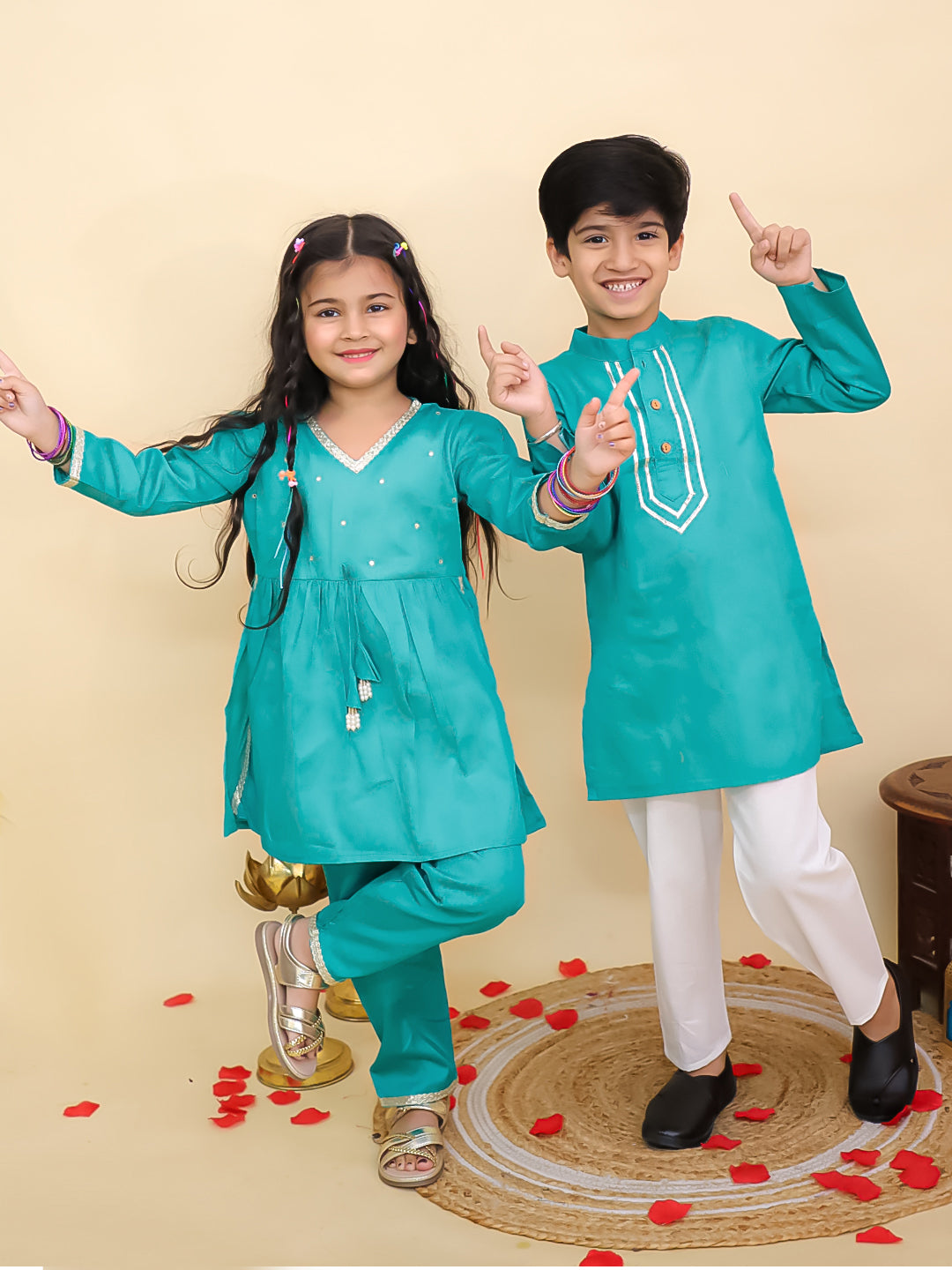 Boys Blue Cotton Full sleeves Solid Kurta Pyjama Set and Blue Cotton 3/4th Sleeves Solid Girls Suit Set - Sibling Set - AJ Dezines
