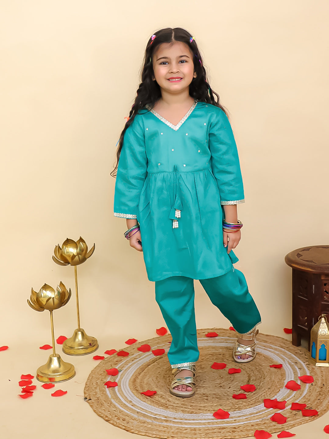 Boys Blue Cotton Full sleeves Solid Kurta Pyjama Set and Blue Cotton 3/4th Sleeves Solid Girls Suit Set - Sibling Set - AJ Dezines