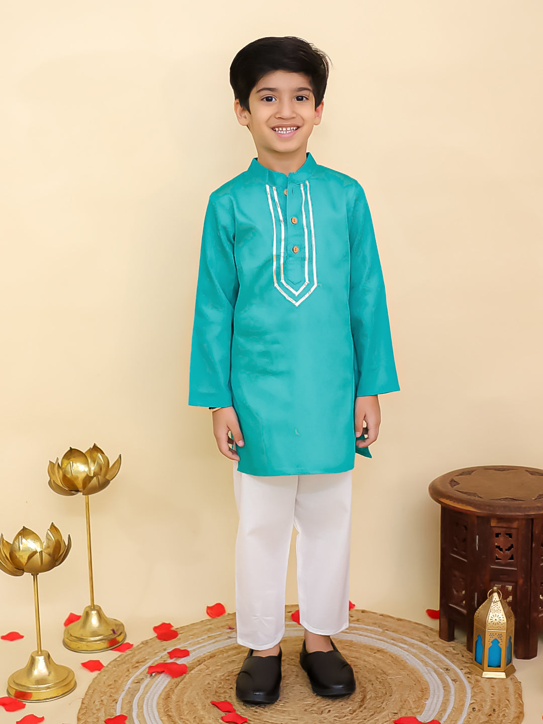 Boys Blue Cotton Full sleeves Solid Kurta Pyjama Set and Blue Cotton 3/4th Sleeves Solid Girls Suit Set - Sibling Set - AJ Dezines