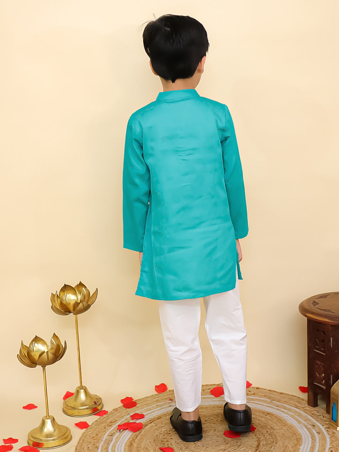 Boys Blue Cotton Full sleeves Solid Kurta Pyjama Set and Blue Cotton 3/4th Sleeves Solid Girls Suit Set - Sibling Set - AJ Dezines