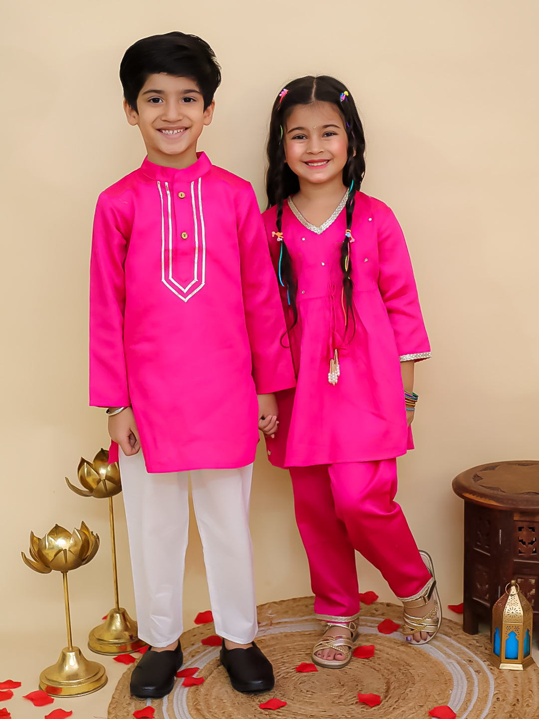 Boys Pink Cotton Full sleeves Solid Kurta Pyjama Set and Pink Cotton 3/4th Sleeves Solid Girls Suit Set - Sibling Set - AJ Dezines