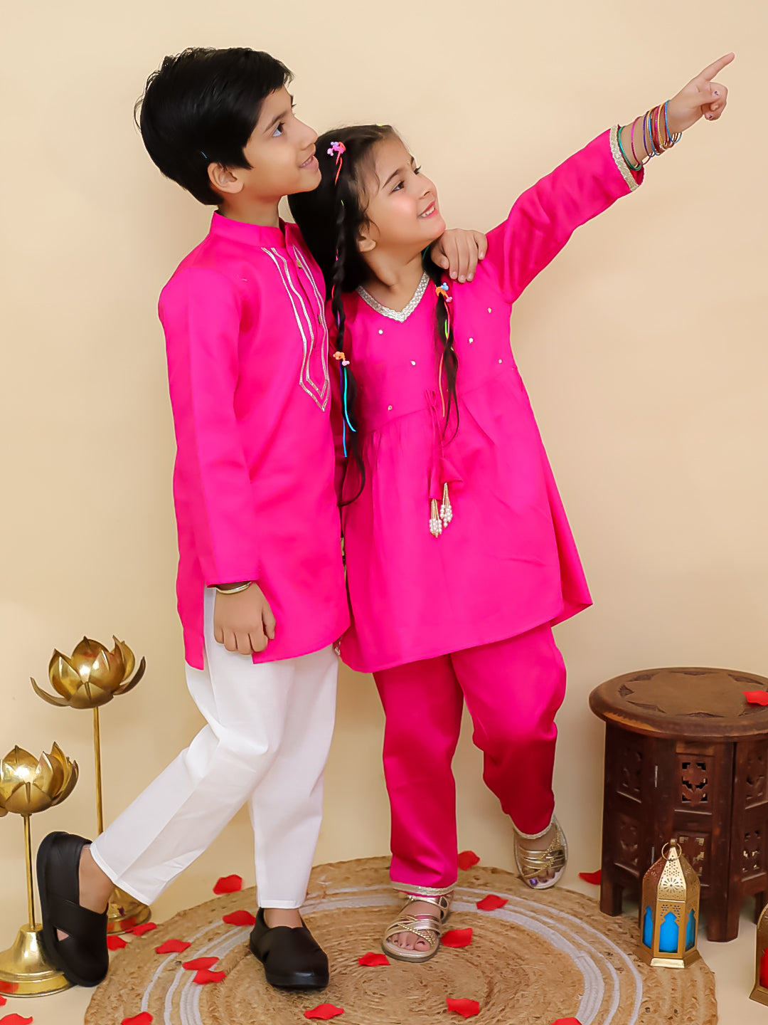 Boys Pink Cotton Full sleeves Solid Kurta Pyjama Set and Pink Cotton 3/4th Sleeves Solid Girls Suit Set - Sibling Set - AJ Dezines