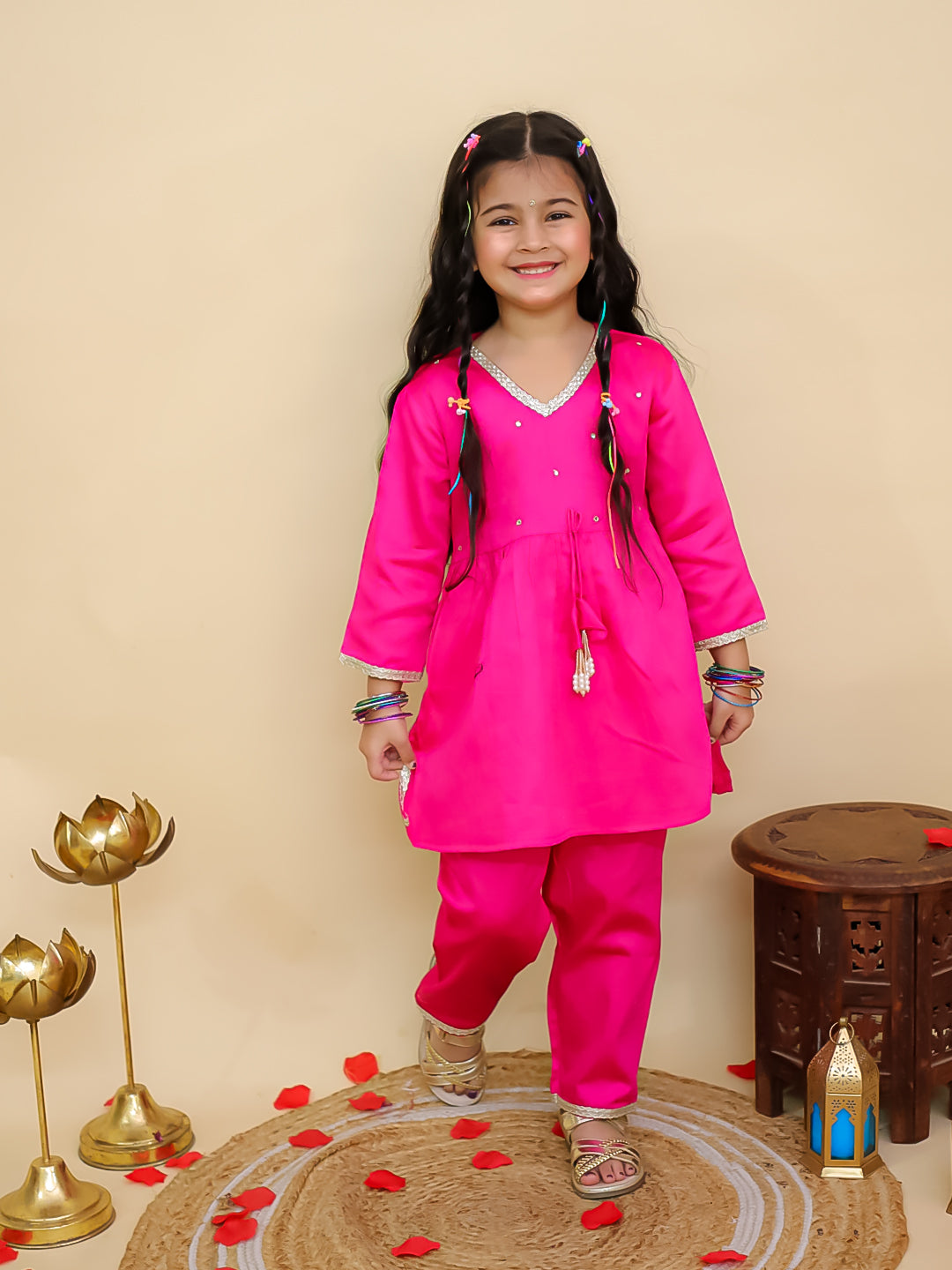 Boys Pink Cotton Full sleeves Solid Kurta Pyjama Set and Pink Cotton 3/4th Sleeves Solid Girls Suit Set - Sibling Set - AJ Dezines