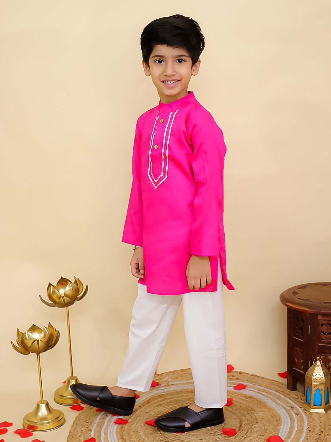 Boys Pink Cotton Full sleeves Solid Kurta Pyjama Set and Pink Cotton 3/4th Sleeves Solid Girls Suit Set - Sibling Set - AJ Dezines