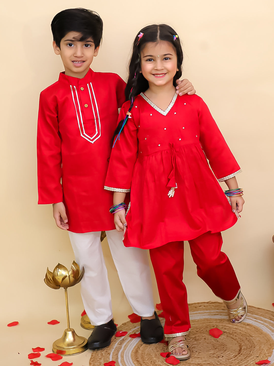 Boys Red Cotton Full sleeves Solid Kurta Pyjama Set and Red Cotton 3/4th Sleeves Solid Girls Suit Set - Sibling Set - AJ Dezines