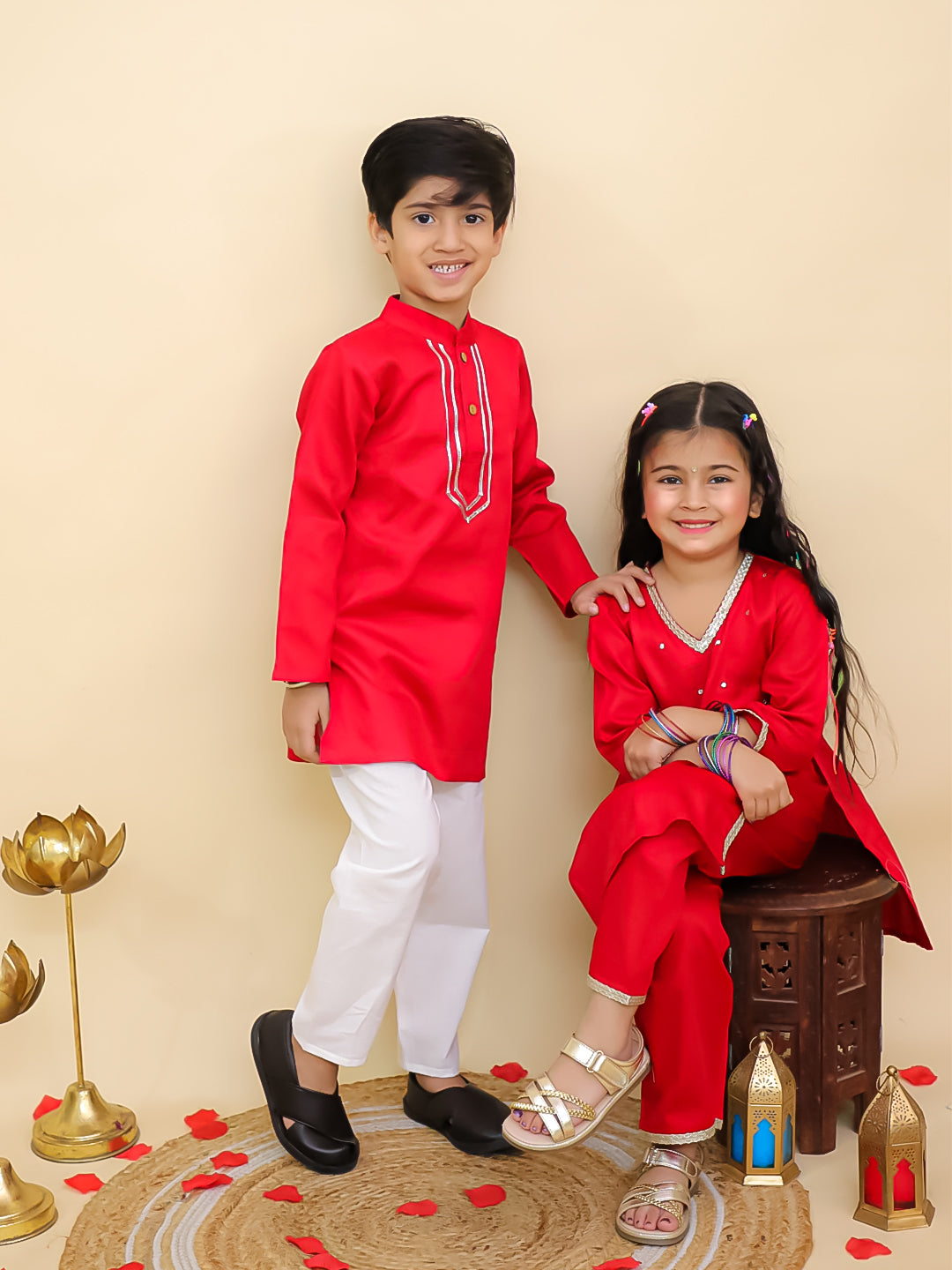 Boys Red Cotton Full sleeves Solid Kurta Pyjama Set and Red Cotton 3/4th Sleeves Solid Girls Suit Set - Sibling Set - AJ Dezines