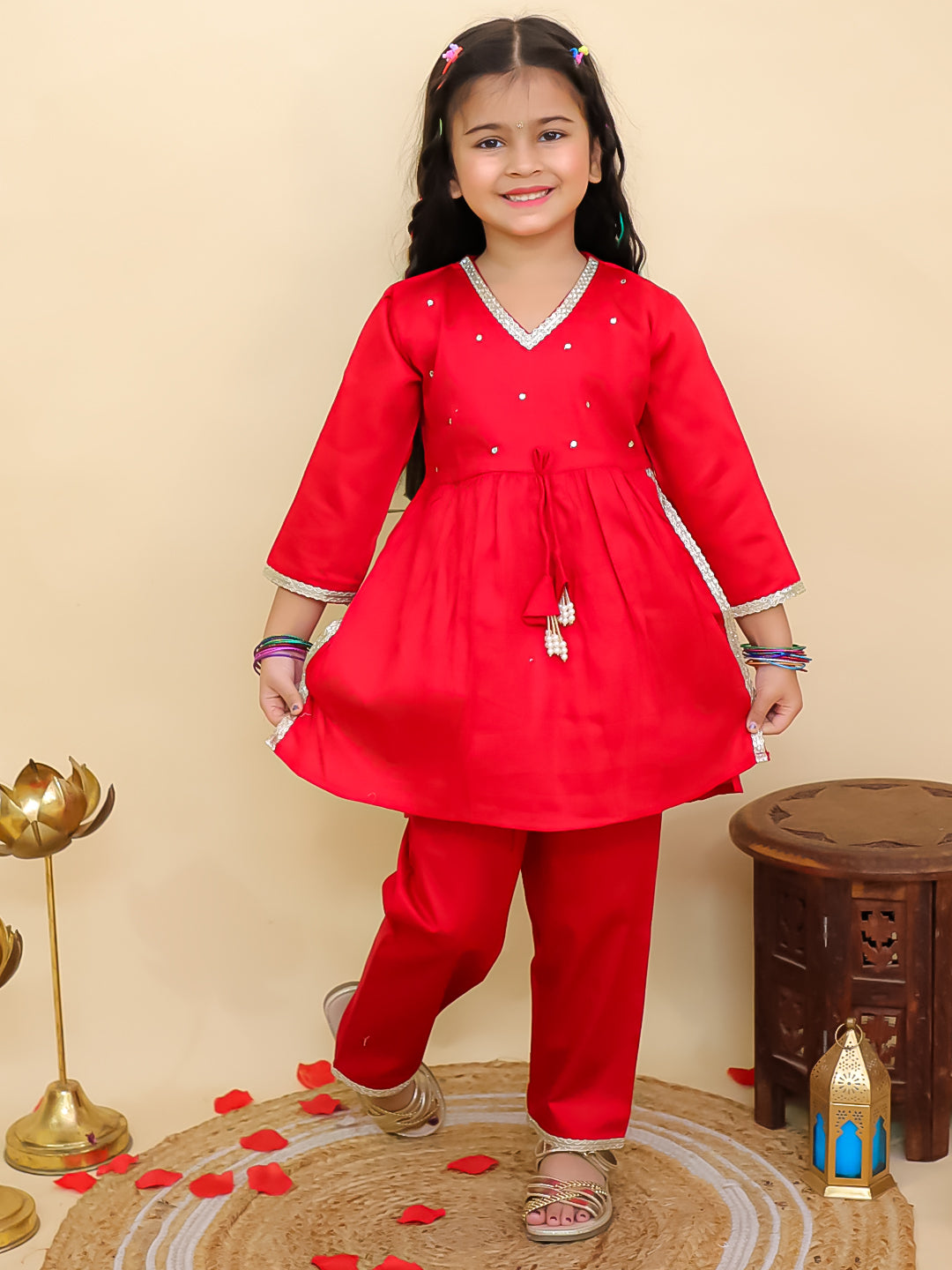 Boys Red Cotton Full sleeves Solid Kurta Pyjama Set and Red Cotton 3/4th Sleeves Solid Girls Suit Set - Sibling Set - AJ Dezines