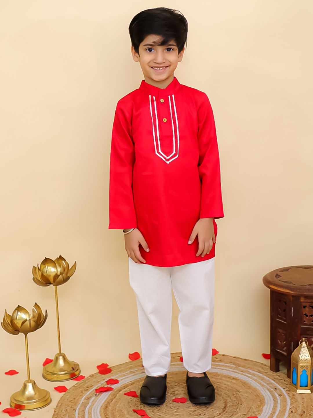 Boys Red Cotton Full sleeves Solid Kurta Pyjama Set and Red Cotton 3/4th Sleeves Solid Girls Suit Set - Sibling Set - AJ Dezines