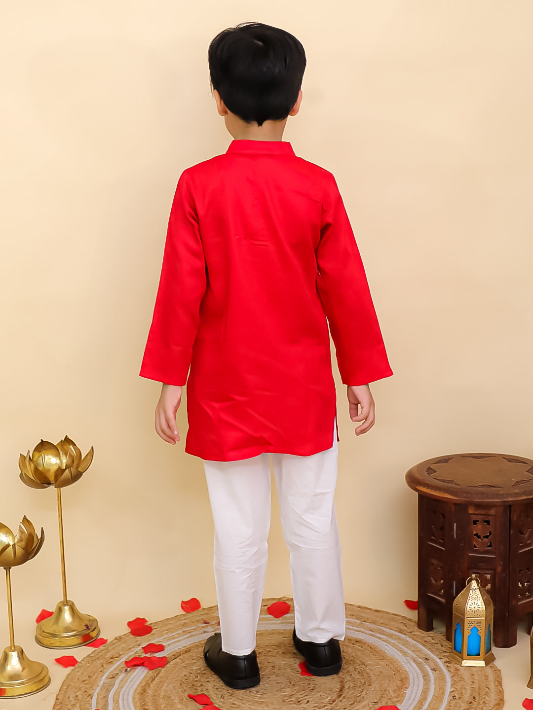 Boys Red Cotton Full sleeves Solid Kurta Pyjama Set and Red Cotton 3/4th Sleeves Solid Girls Suit Set - Sibling Set - AJ Dezines