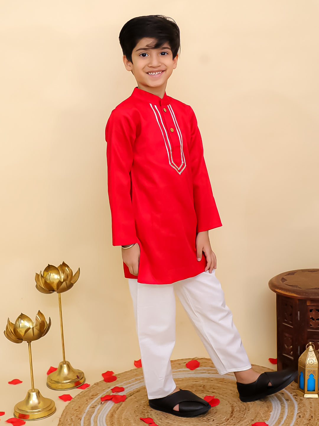 Boys Red Cotton Full sleeves Solid Kurta Pyjama Set and Red Cotton 3/4th Sleeves Solid Girls Suit Set - Sibling Set - AJ Dezines