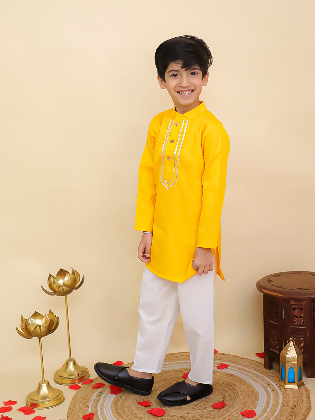 Yellow Cotton Full sleeves Solid Kurta Pyjama Set - AJ Dezines