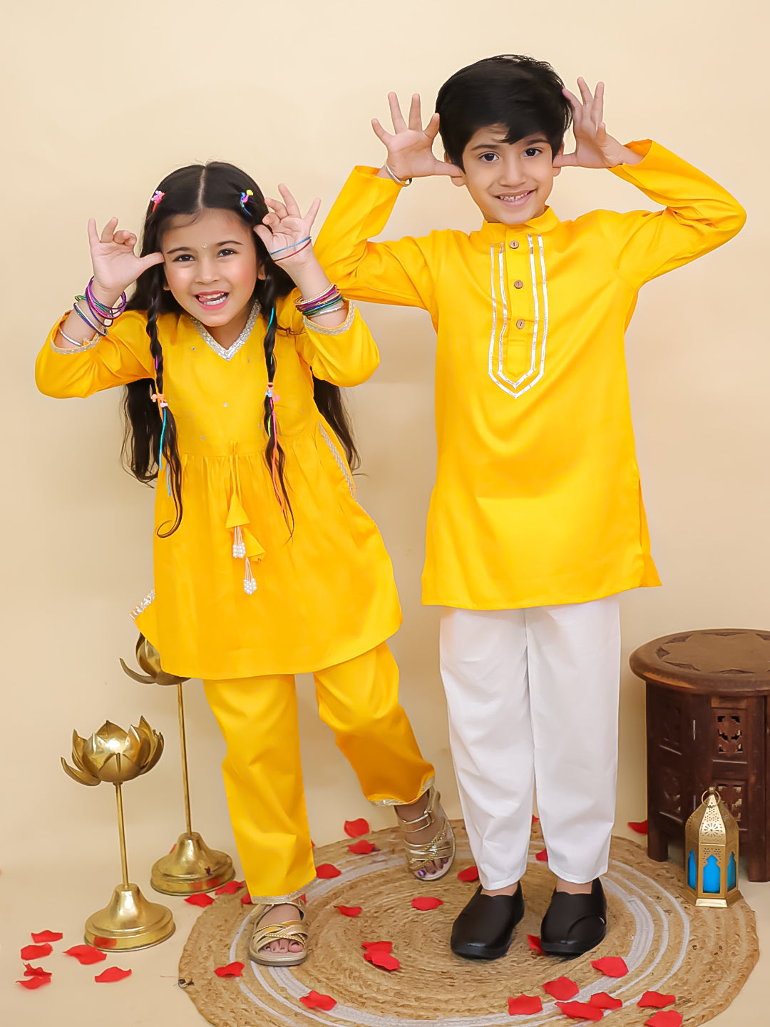 Boys Yellow Cotton Full sleeves Solid Kurta Pyjama Set and Yellow Cotton 3/4th Sleeves Solid Girls Suit Set - Sibling Set - AJ Dezines