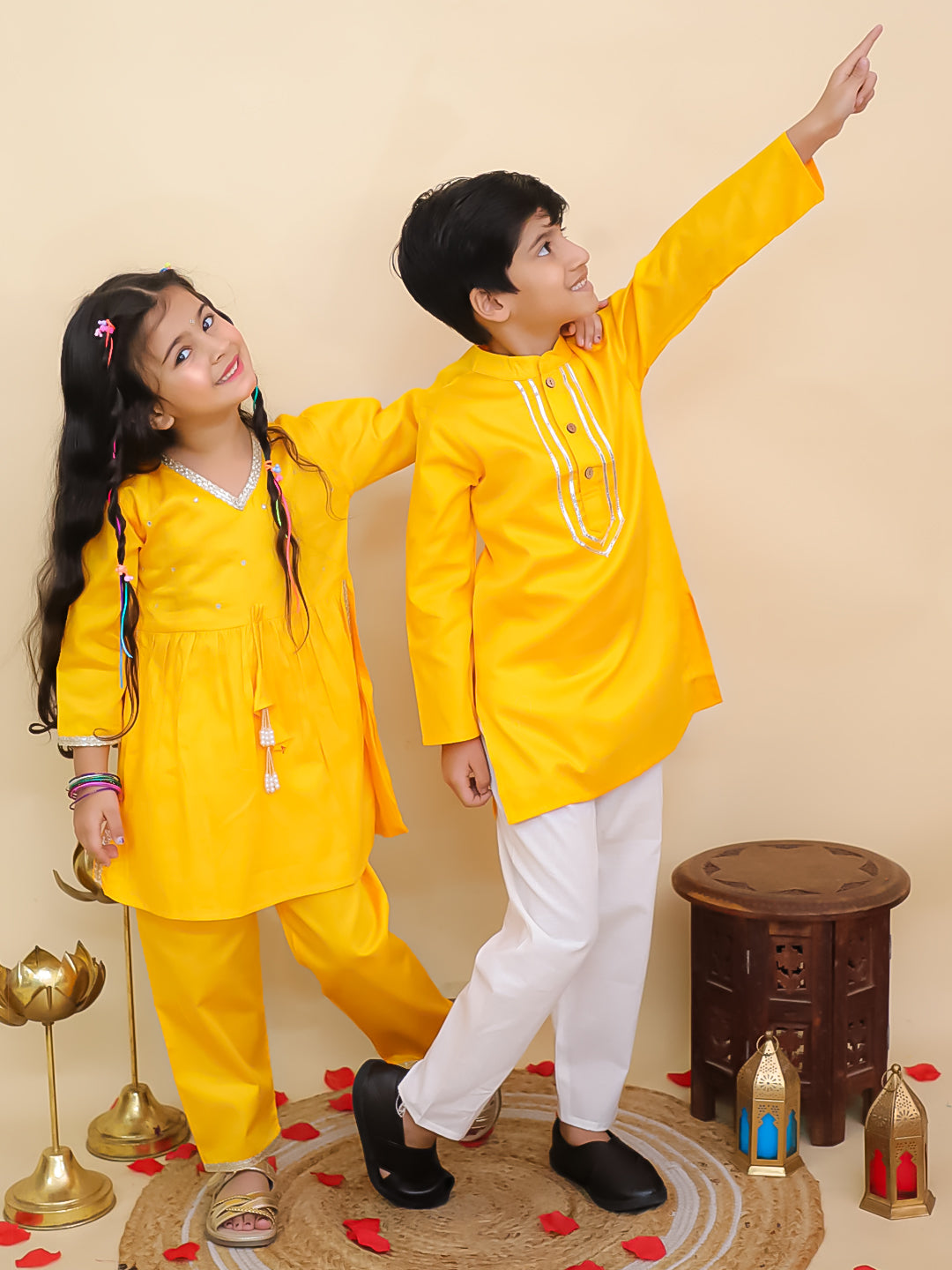 Boys Yellow Cotton Full sleeves Solid Kurta Pyjama Set and Yellow Cotton 3/4th Sleeves Solid Girls Suit Set - Sibling Set - AJ Dezines