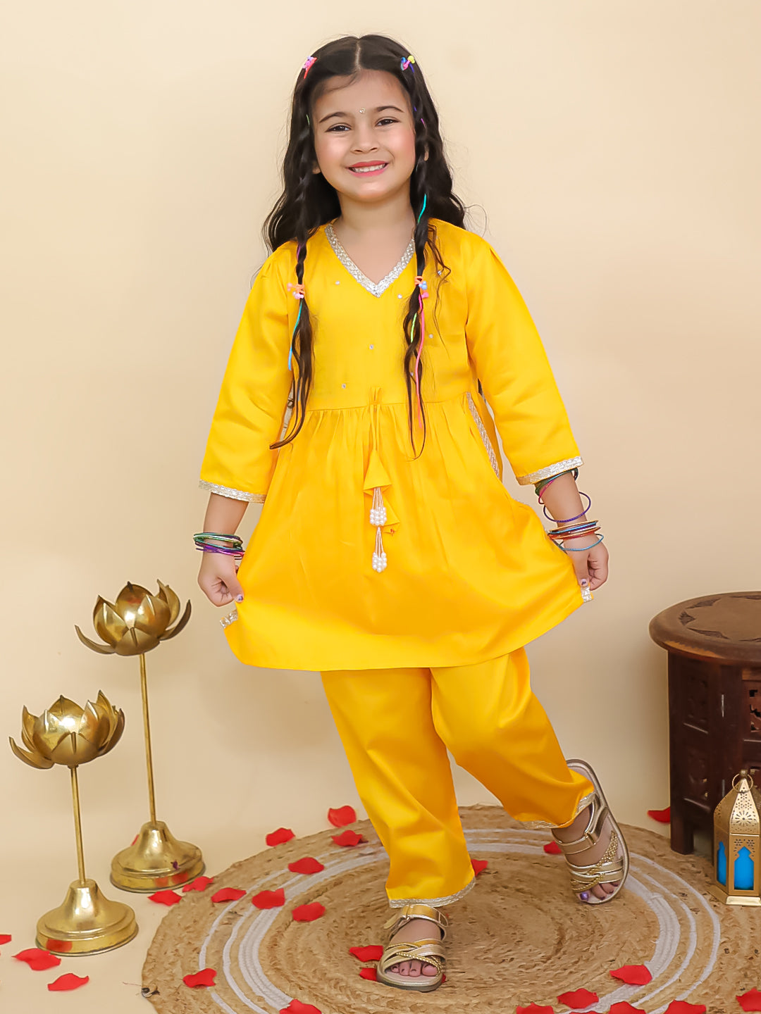 Boys Yellow Cotton Full sleeves Solid Kurta Pyjama Set and Yellow Cotton 3/4th Sleeves Solid Girls Suit Set - Sibling Set - AJ Dezines