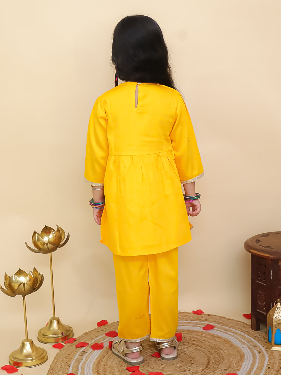 Boys Yellow Cotton Full sleeves Solid Kurta Pyjama Set and Yellow Cotton 3/4th Sleeves Solid Girls Suit Set - Sibling Set - AJ Dezines