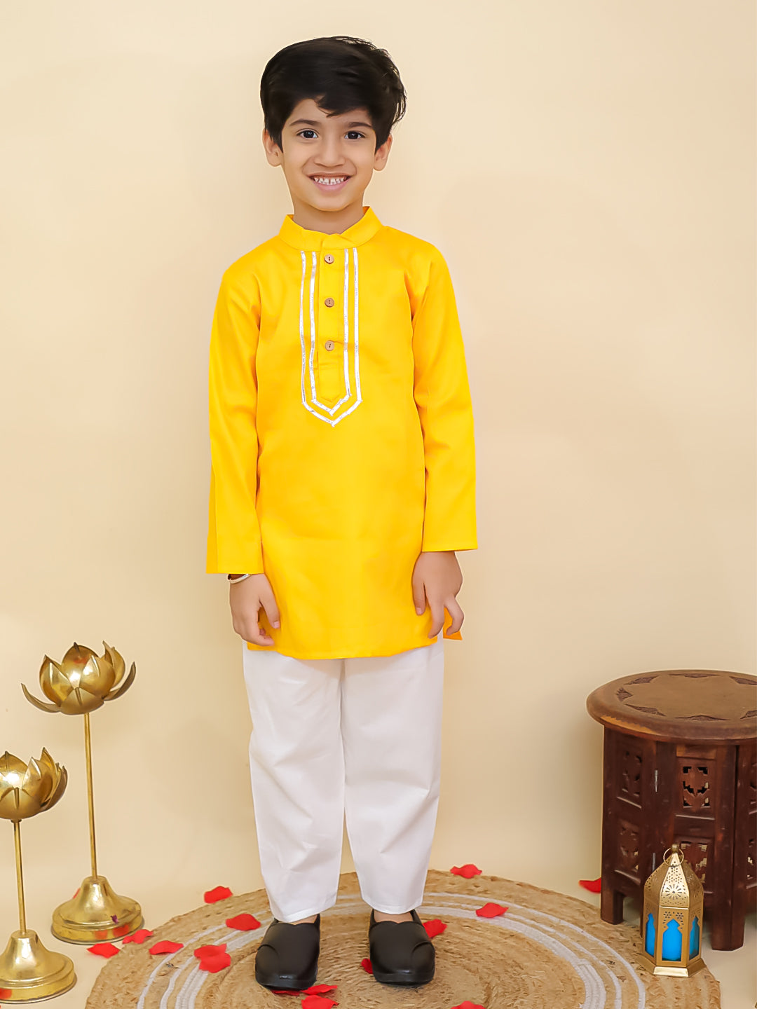 Boys Yellow Cotton Full sleeves Solid Kurta Pyjama Set and Yellow Cotton 3/4th Sleeves Solid Girls Suit Set - Sibling Set - AJ Dezines