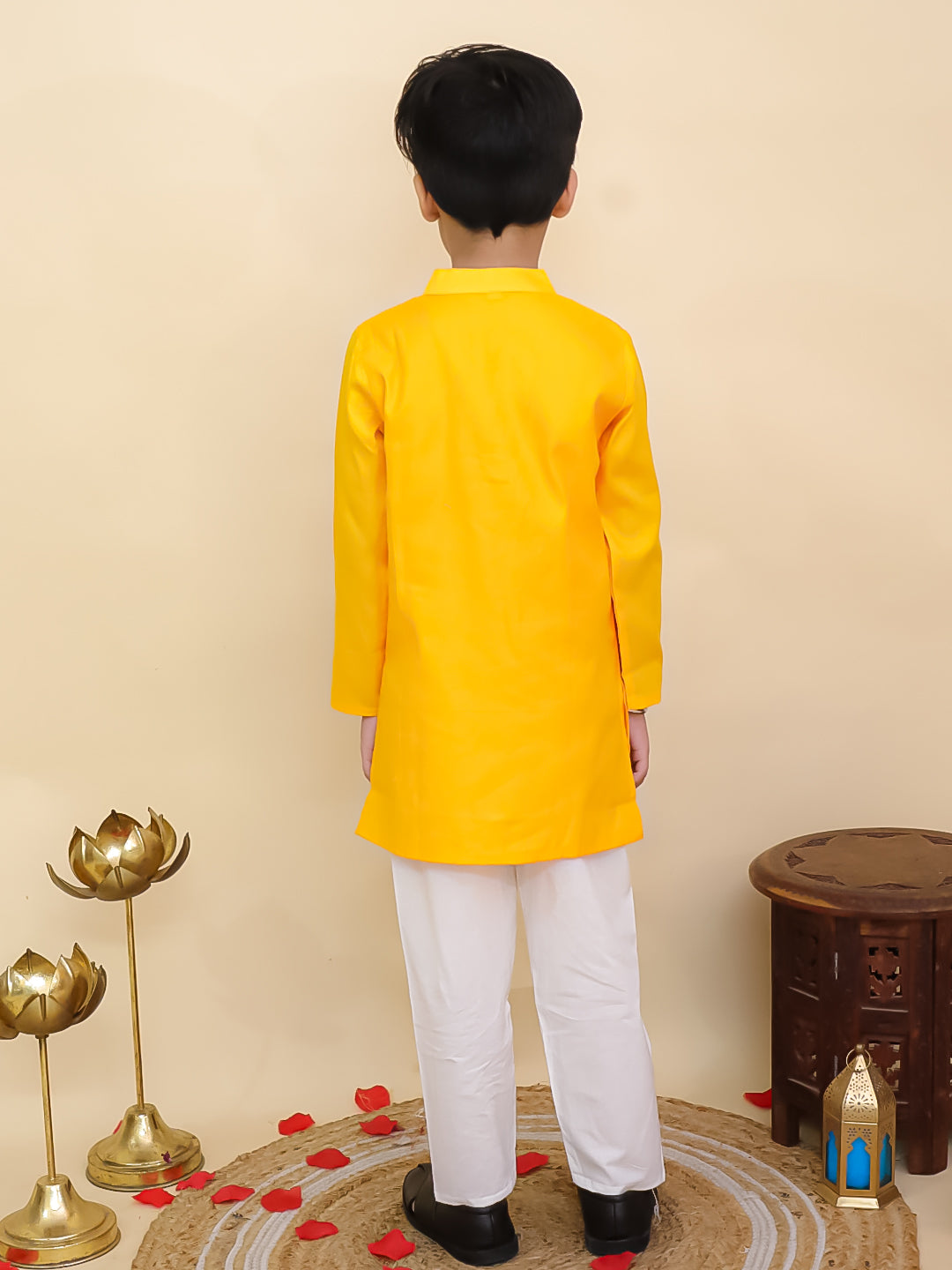 Boys Yellow Cotton Full sleeves Solid Kurta Pyjama Set and Yellow Cotton 3/4th Sleeves Solid Girls Suit Set - Sibling Set - AJ Dezines
